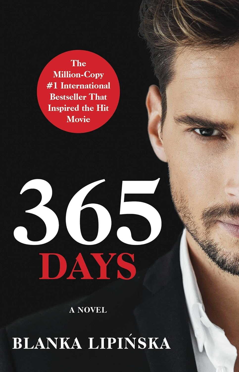 Book cover of '365 Days' with a man's face and promotional text on a black background
