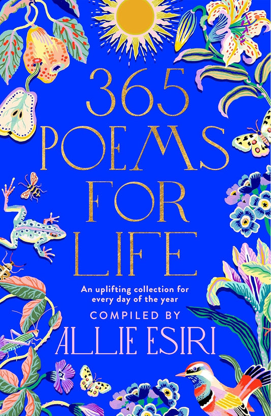 Book cover of '365 Poems for Life' with colorful illustrations on a blue background in bd.