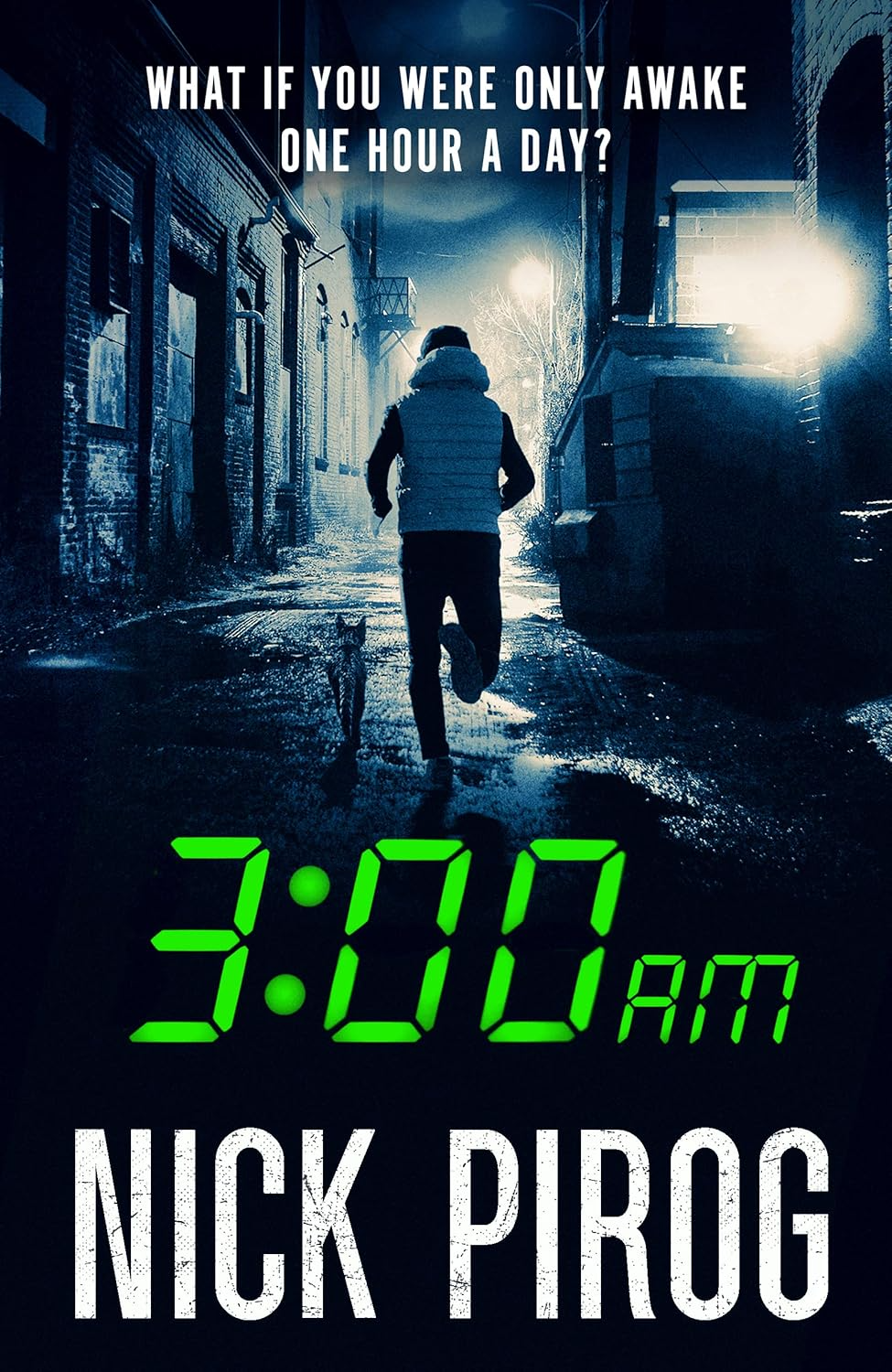 Book cover of '3:00 AM' by Nick Pirog with a silhouette of a person walking down a dark alley. Book in bd.