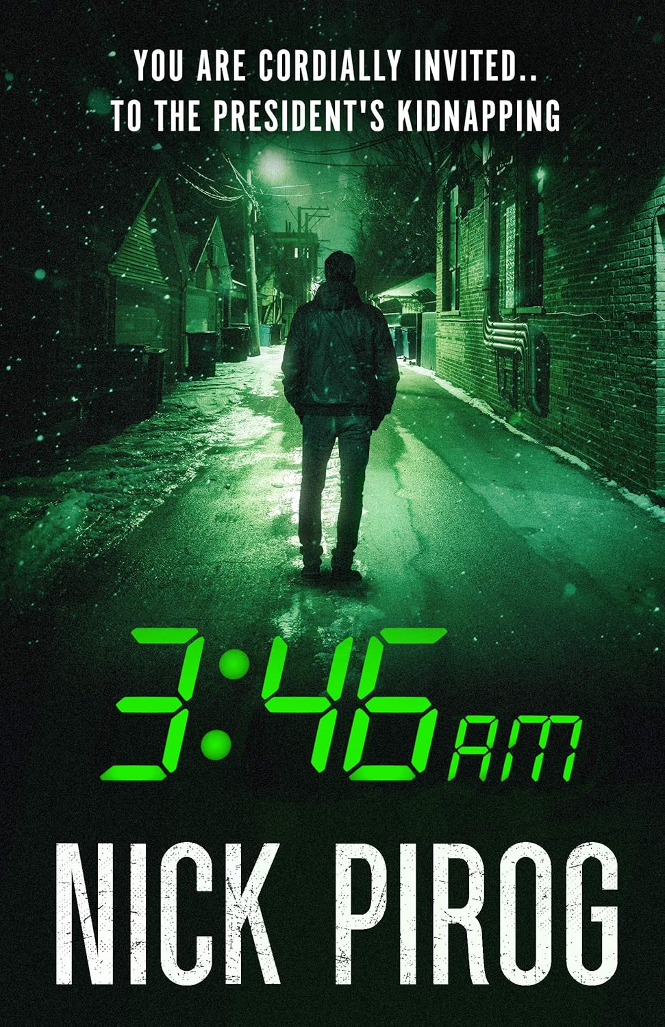 Book cover of '3:46 AM' by Nick Pirog with a person walking down a snowy street at night. Available in bd