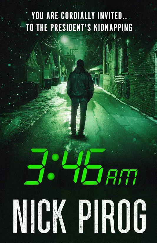 Book cover of '3:46 AM' by Nick Pirog with a person walking down a snowy street at night. Available in bd