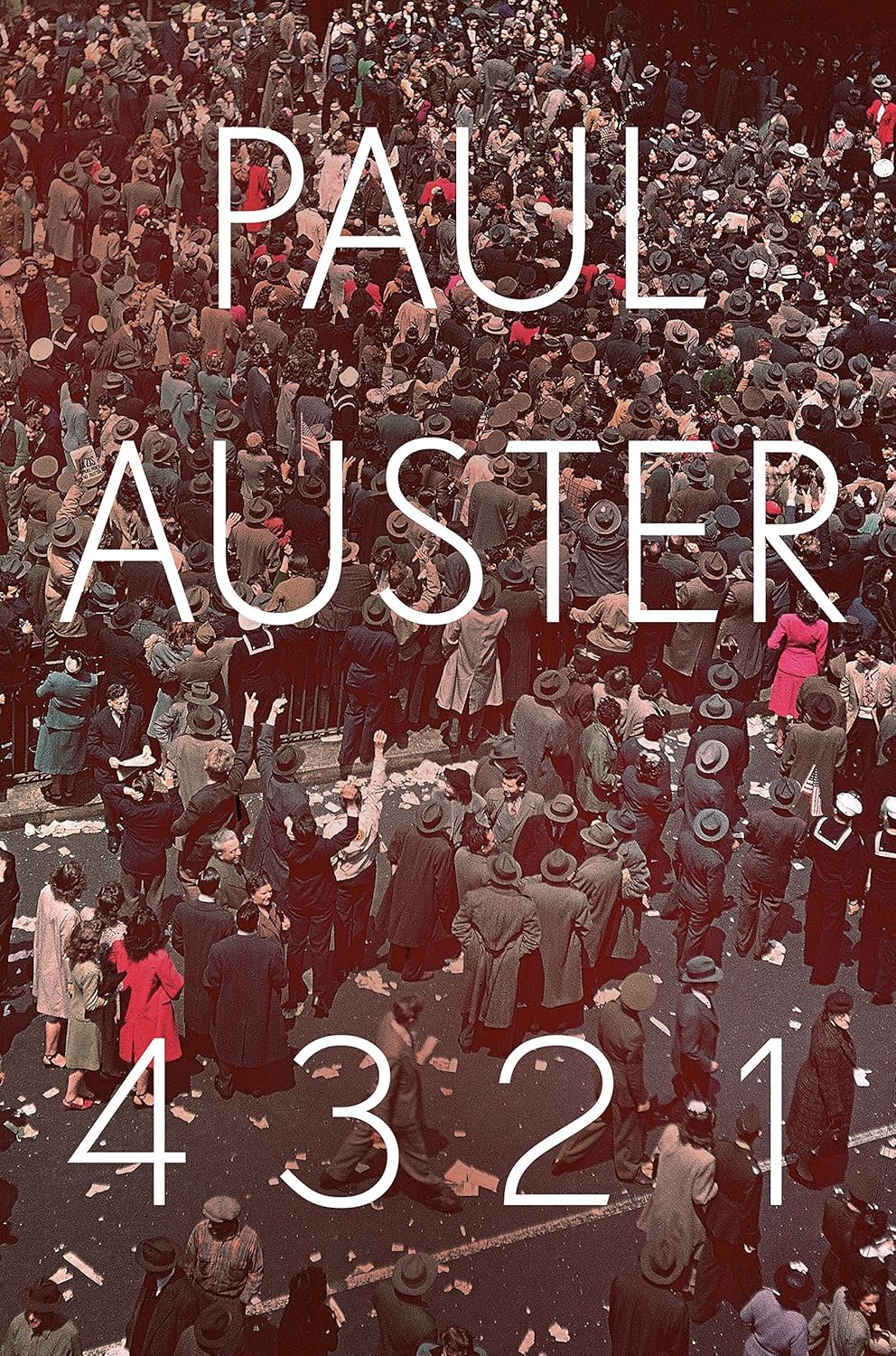 Book cover of '4 3 2 1' by Paul Auster with a crowd of people in the background.