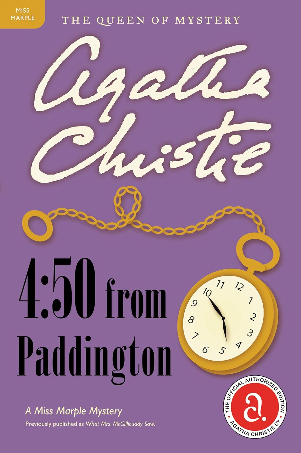 Book cover of '4:50 from Paddington' by Agatha Christie with a purple background and yellow pocket watch illustration.