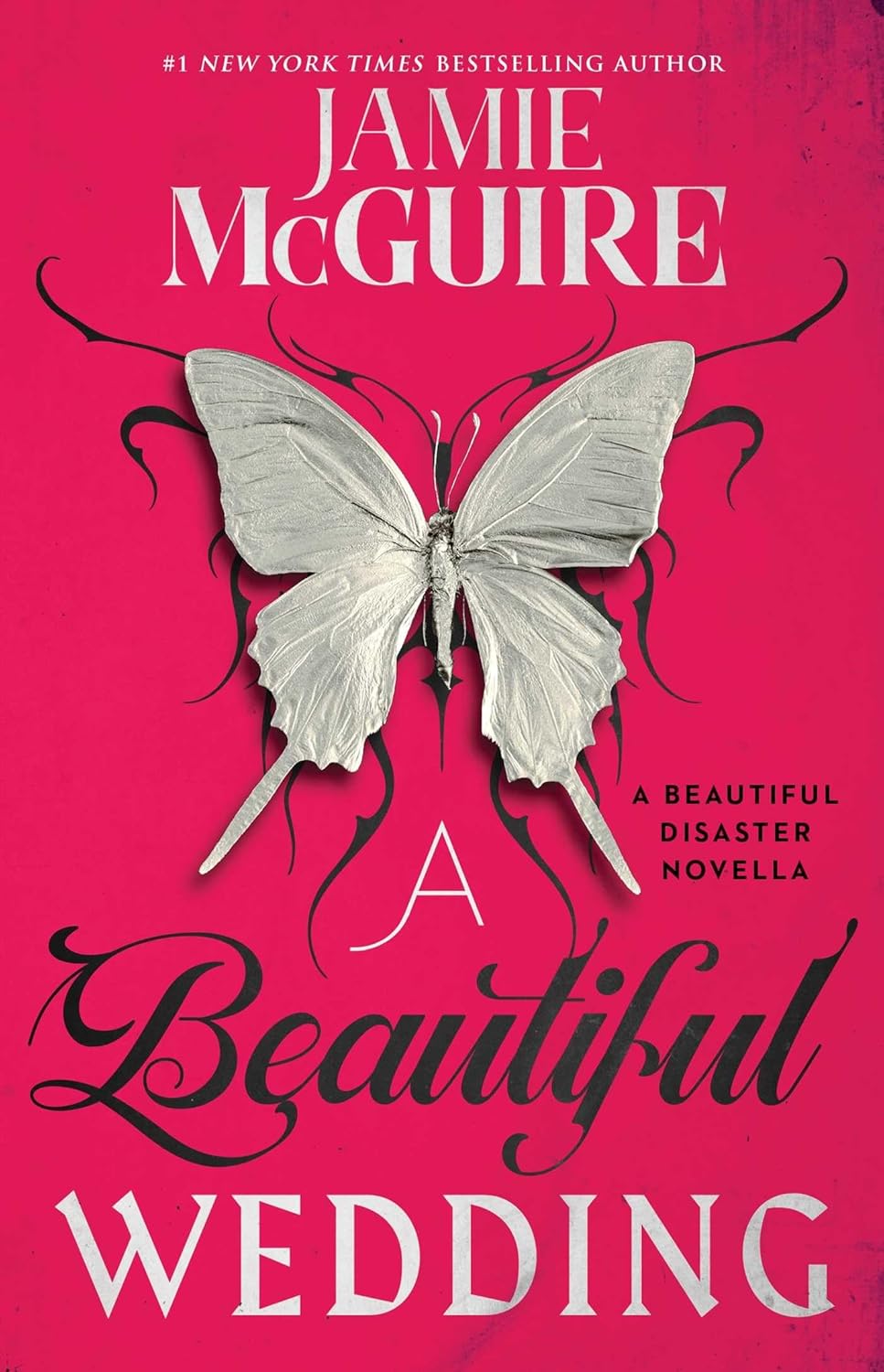 Book cover of 'A Beautiful Wedding' by Jamie McGuire with a butterfly on a pink background