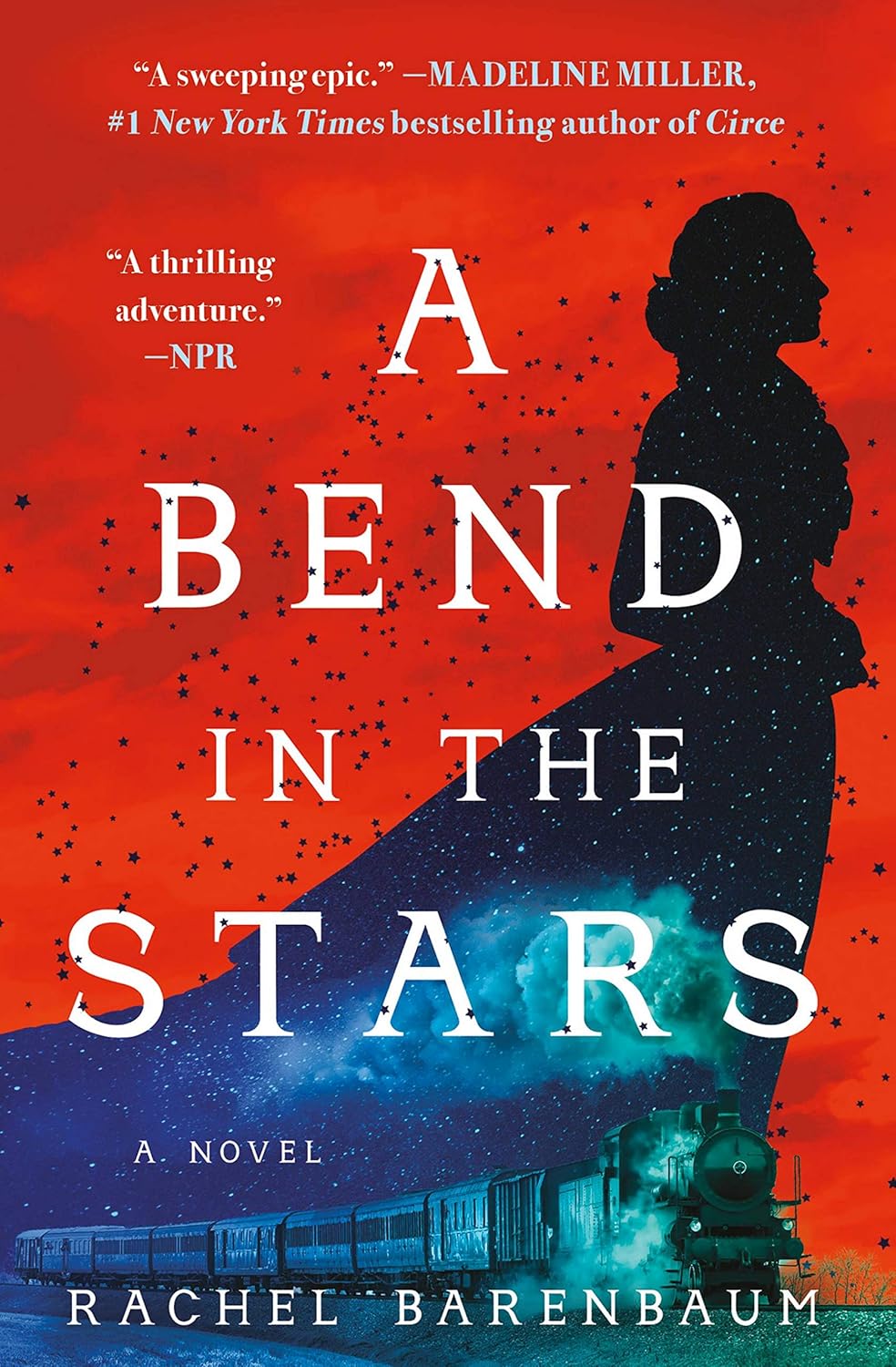 Book cover of 'A Bend in the Stars' with a silhouette of a person and train on a red and blue background.