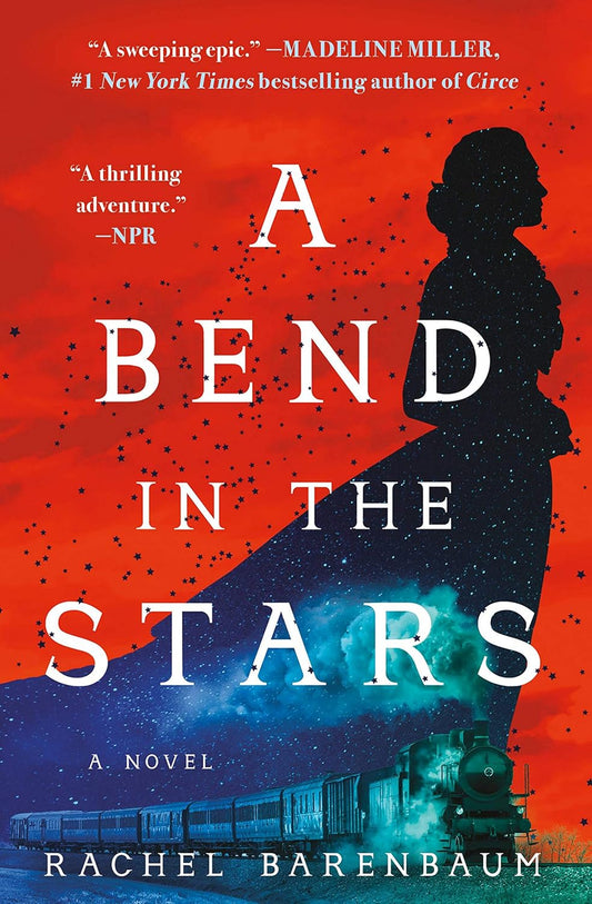 Book cover of 'A Bend in the Stars' with a silhouette of a person and train on a red and blue background.