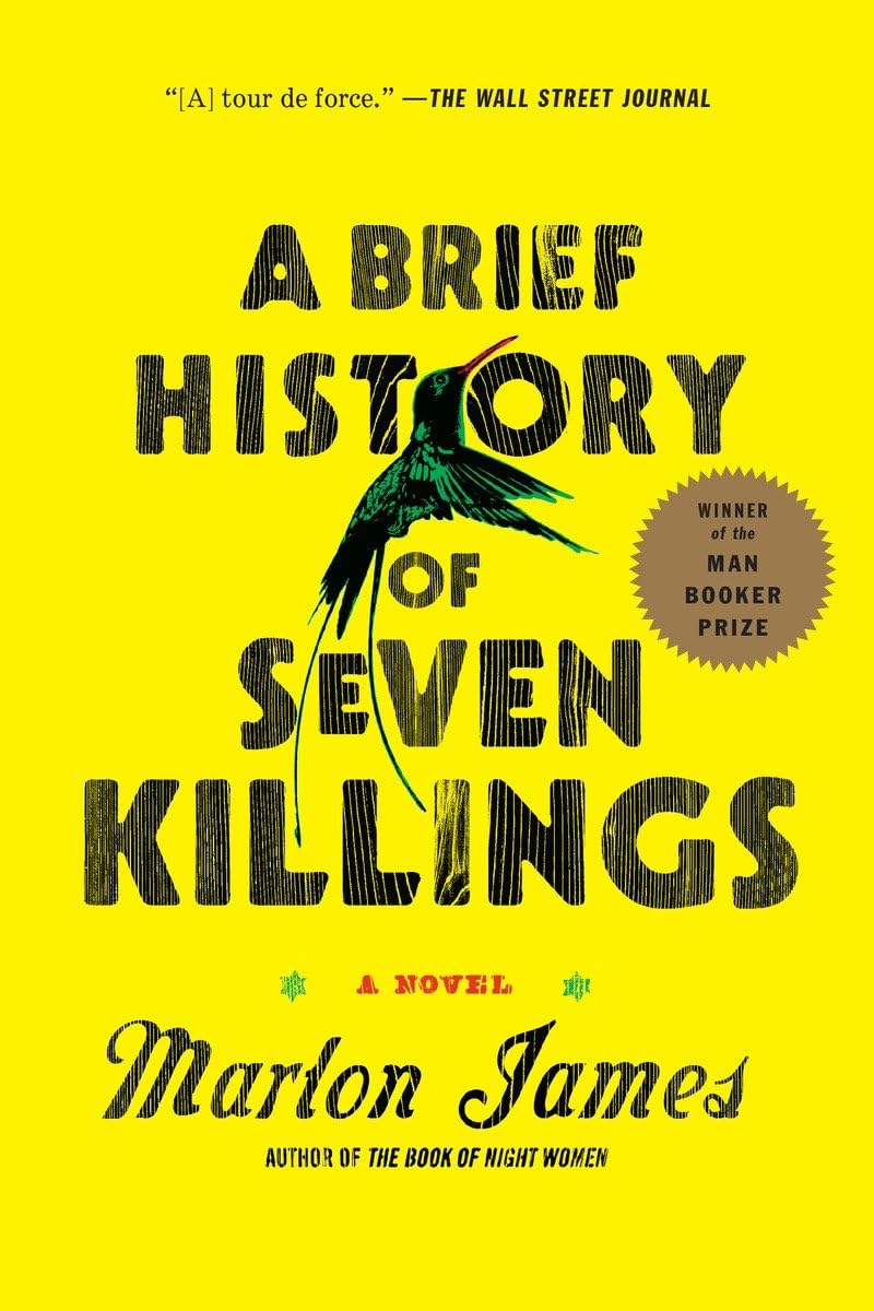 Book cover of 'A Brief History of Seven Killings' by Marlon James with a yellow background and black text.