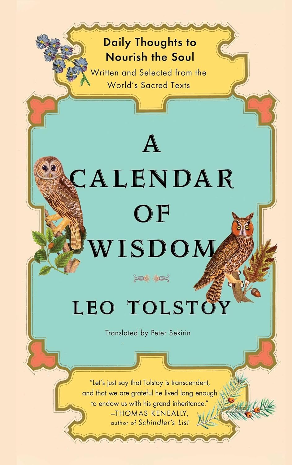 Book cover of 'A Calendar of Wisdom' by Leo Tolstoy with owl illustrations and decorative elements.