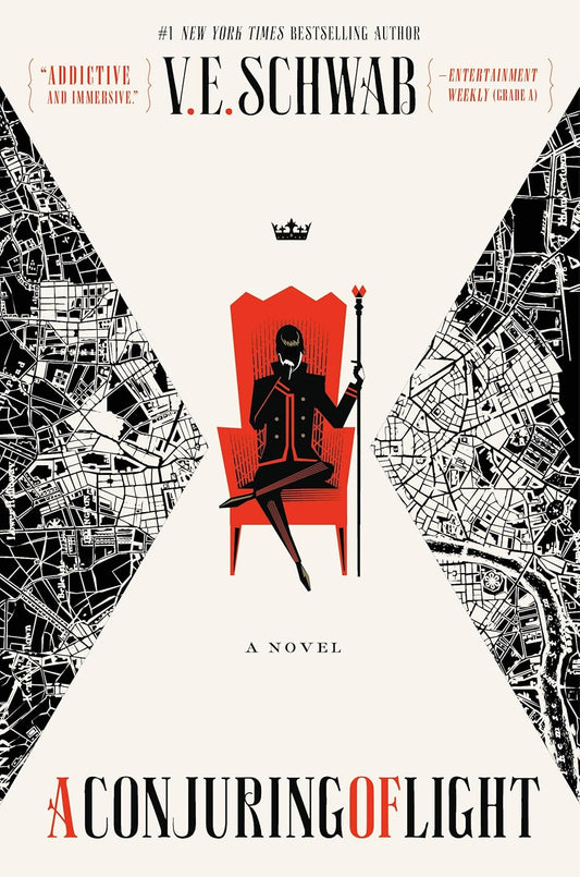 A Conjuring of Light book cover by V. E. Schwab, Shades of Magic Book 3 epic fantasy novel featuring Kell, Lila, and magical worlds