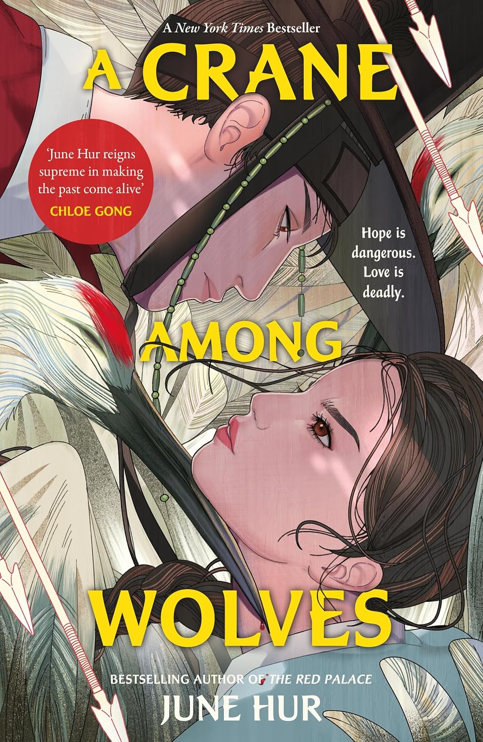 Book cover of 'A Crane Among Wolves' with two characters and text about a New York Times bestseller.