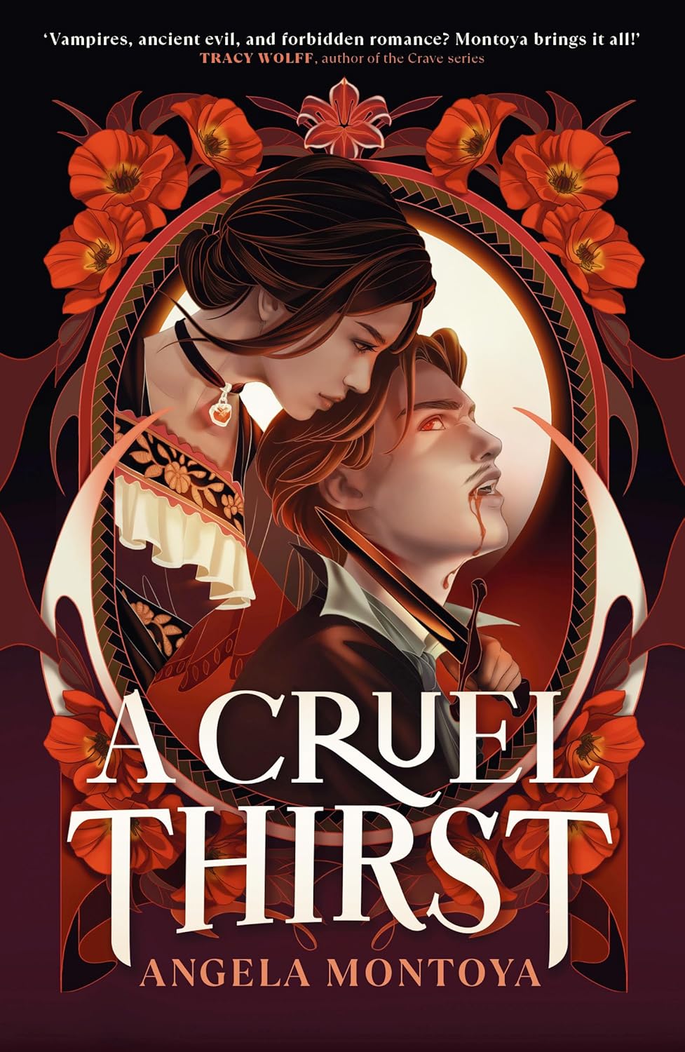Book cover of 'A Cruel Thirst' by Angela Montoya with two people embracing and flowers. book available in bd