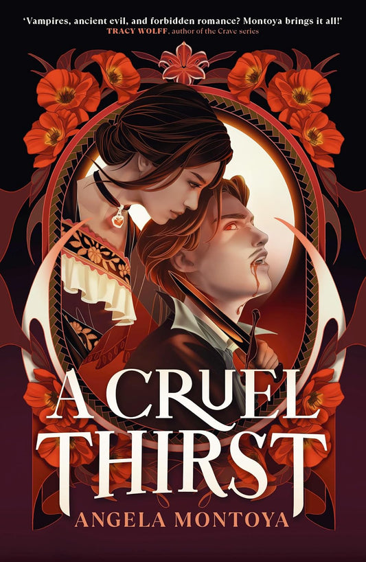Book cover of 'A Cruel Thirst' by Angela Montoya with two people embracing and flowers. book available in bd
