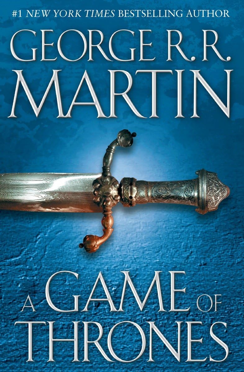 Book cover of 'A Game of Thrones' by George R.R. Martin featuring a sword on a blue background. Bookish Wonderland offers romance novels to readers in Bangladesh.