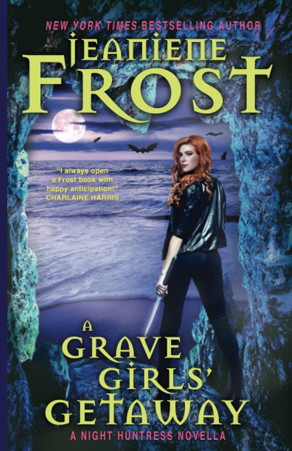 Book cover of 'A Grave Girls' Getaway' by Jeaniene Frost with a woman holding a knife on a beach. Get this book in Bangladesh from bookish wonderland.