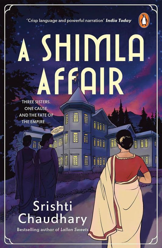 Book cover of 'A Shimla Affair' with a castle and people silhouetted against a night sky.