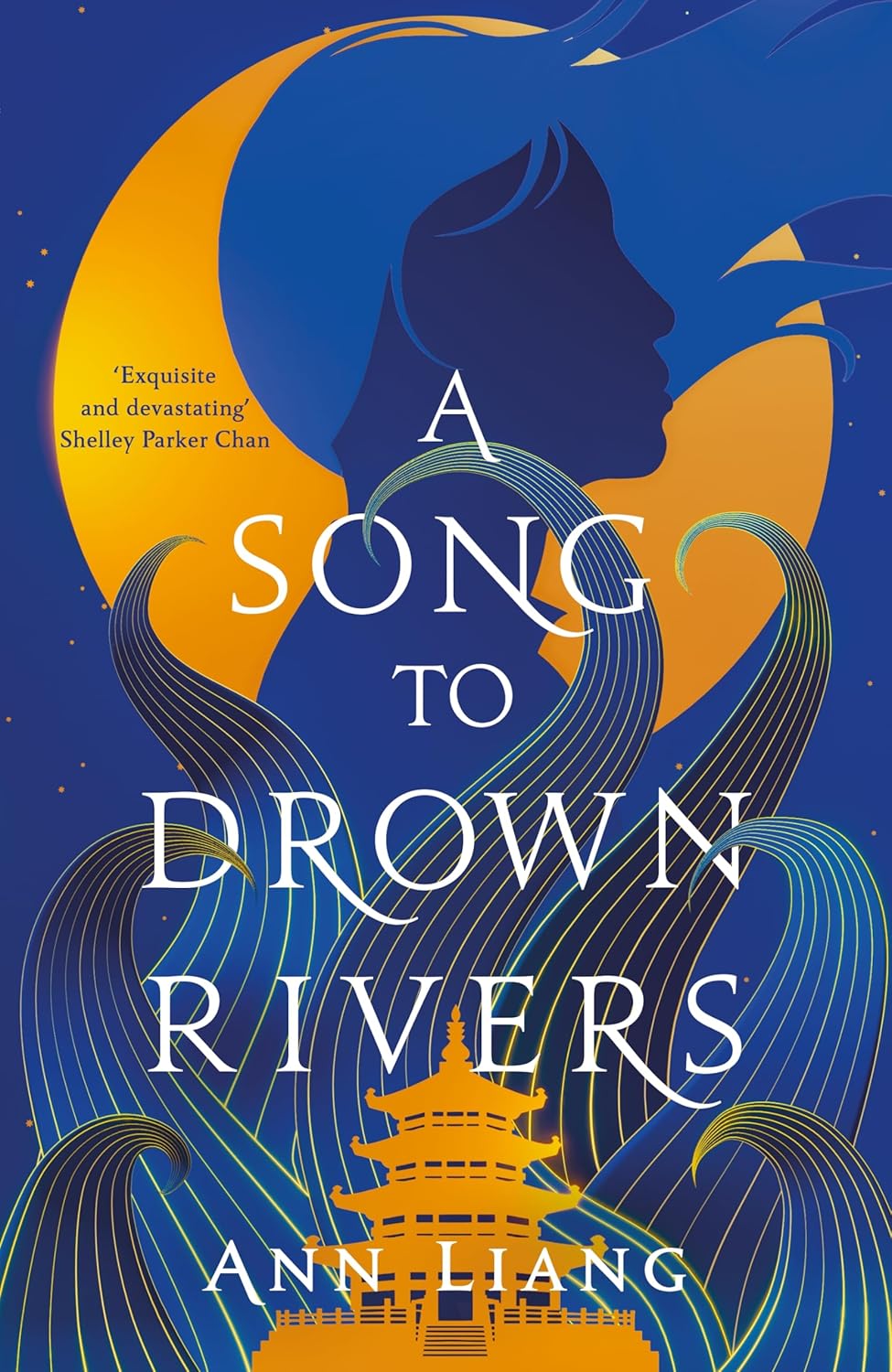 Book cover of 'A Song to Drown Rivers' with a silhouette, moon, and pagoda design. Bookish Wonderland delivers science fiction books throughout Bangladesh.