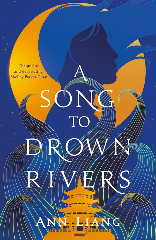 Book cover of 'A Song to Drown Rivers' with a silhouette, moon, and pagoda design. Bookish Wonderland delivers science fiction books throughout Bangladesh.