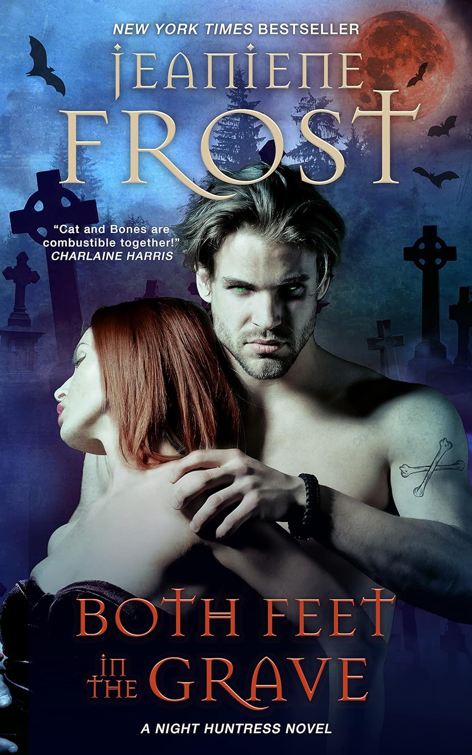 Book cover of 'Both Feet in the Grave' by Jeaniene Frost with a couple embracing against a graveyard background. Get this book in Bangladesh from bookish wonderland.