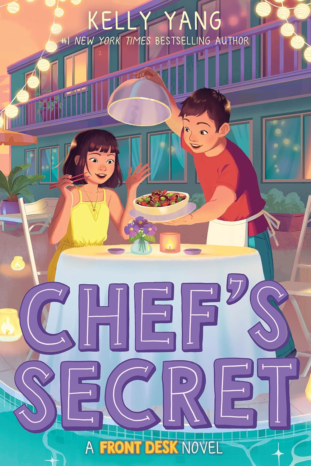 Cover of Chef's Secret by Kelly Yang, a Front Desk novel, featuring Mia Tang and a young chef serving a meal at a candlelit outdoor dinner beside a motel pool, with glowing string lights creating a warm, welcoming atmosphere. The largest online bookshop in Bangladesh.