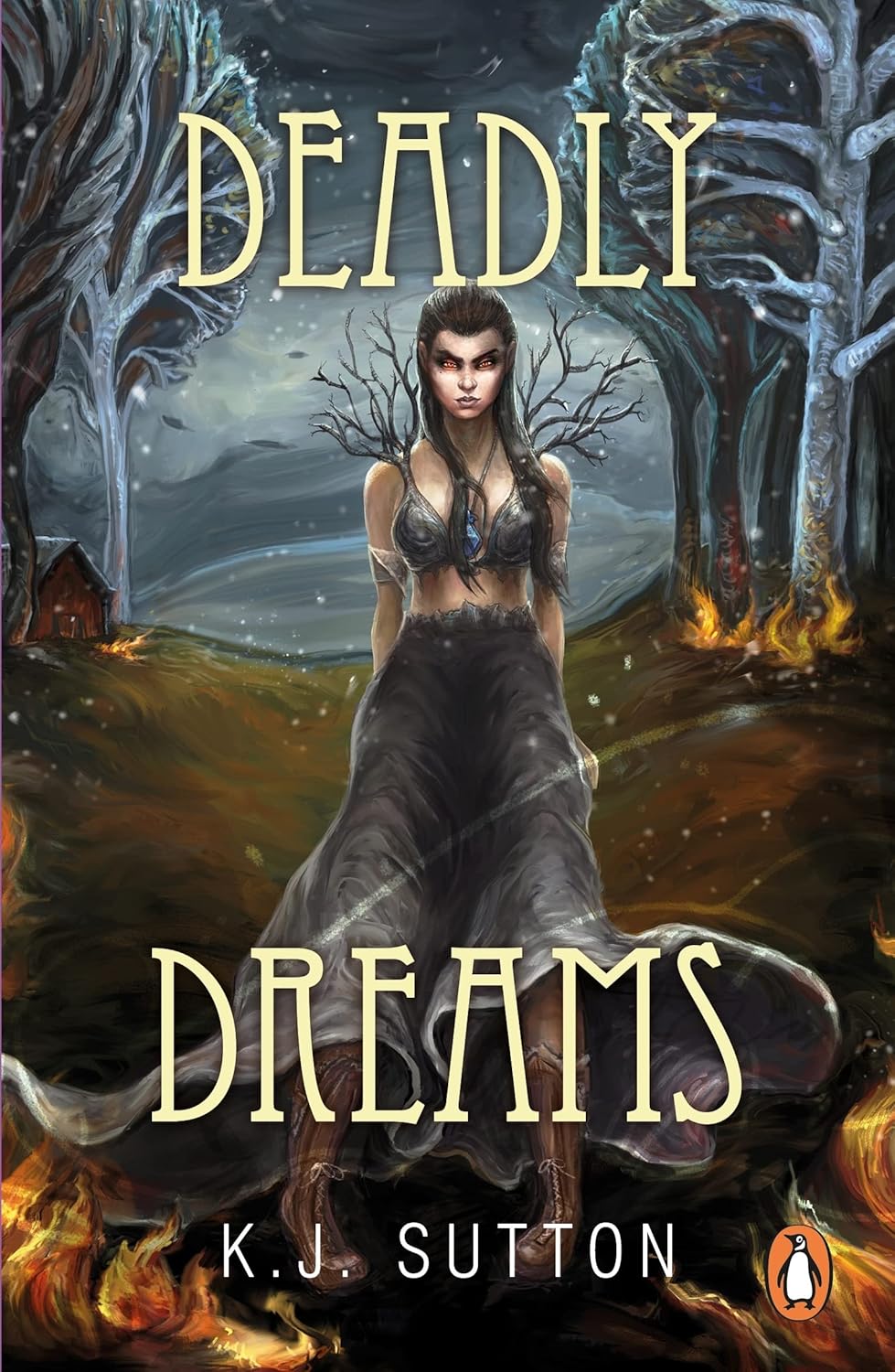Book cover of 'Deadly Dreams' by K.J. Sutton with a woman in a dark forest which is available in Bookish Wonderland.