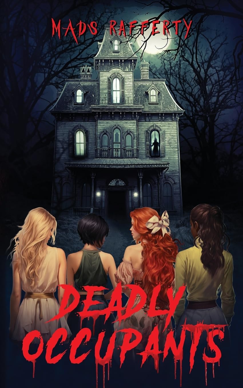 Book cover of 'Deadly Occupants' with a haunted house and four women in front which is available in BD.