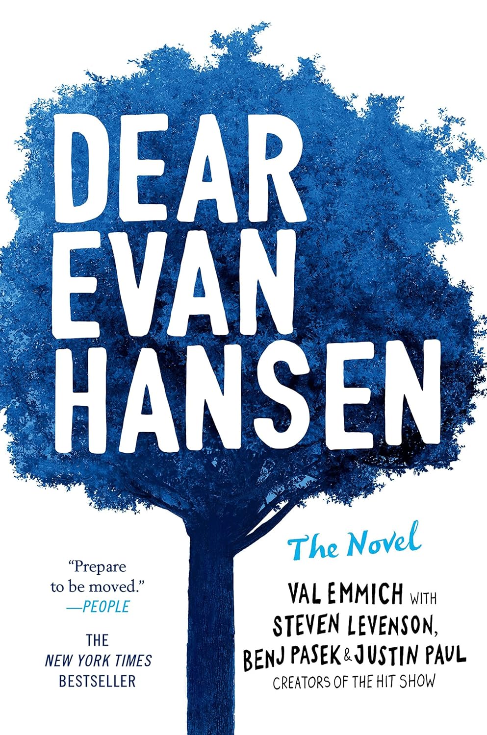Book cover of 'Dear Evan Hansen' with a blue tree design and white text which is available in Bookish Wonderland.
