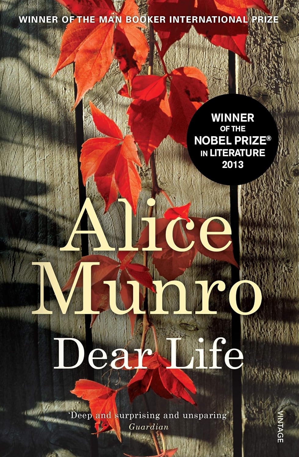 Book cover of 'Dear Life' by Alice Munro with red leaves on a wooden background which is available in Bookish Wonderland.