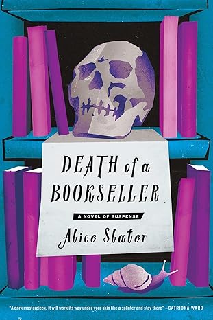 Book cover of 'Death of a Bookseller' by Alice Slater with a skull and purple candles on a blue background. Bookish Wonderland provides a convenient way for readers across Bangladesh to purchase durable printed books with nationwide delivery and reader-friendly cream paper.