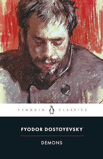 Book cover of 'Demons' by Fyodor Dostoyevsky with a stylized portrait on a red and white background. Bookish Wonderland serves readers throughout Bangladesh with books for everyday reading, making it simple to find online through delivery inside and outside Dhaka and sharp text and durable binding.