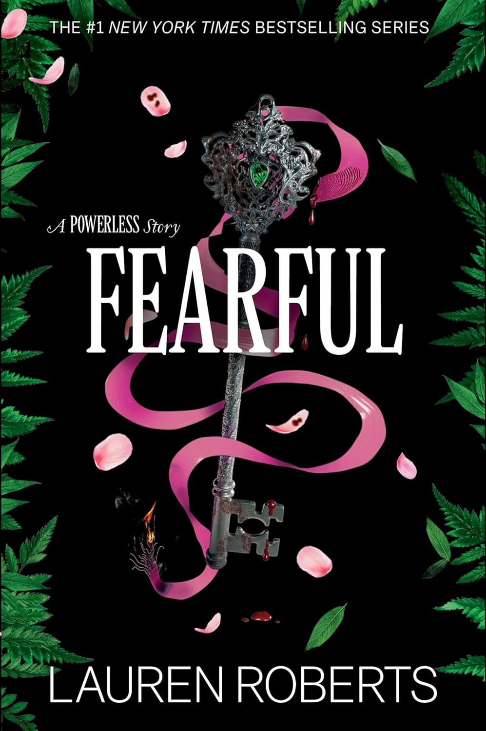Book cover of 'Fearful' by Lauren Roberts with a key and rose design on a dark background which is available in Bookish Wonderland.