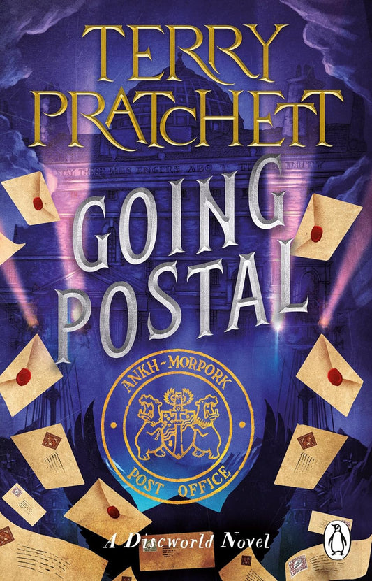 Book cover of 'Going Postal' by Terry Pratchett with envelopes and a post office logo. Best print quality in Bangladesh.
