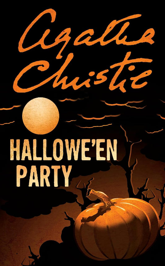 Book cover of 'Hallowe'en Party' by Agatha Christie with a pumpkin and moon on a dark background. Best print quality in Bangladesh.
