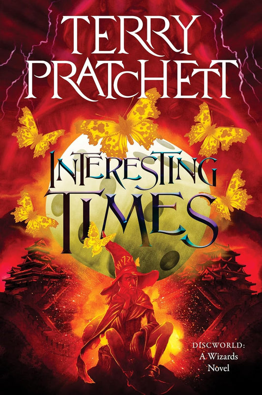 Book cover of 'Interesting Times' by Terry Pratchett with a fantasy scene and butterflies. Best print quality in Bangladesh.
