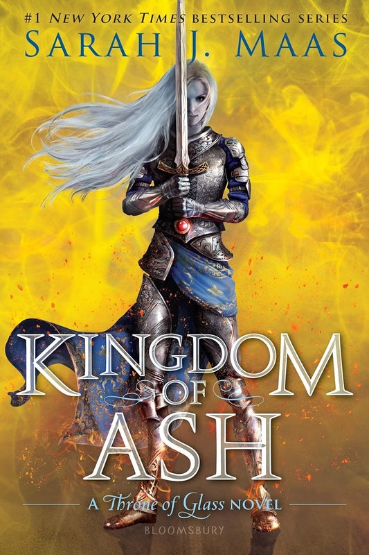 Book cover of 'Kingdom of Ash' by Sarah J. Maas featuring a warrior in armor against a yellow background. Book available in Bangladesh with best quality print.
