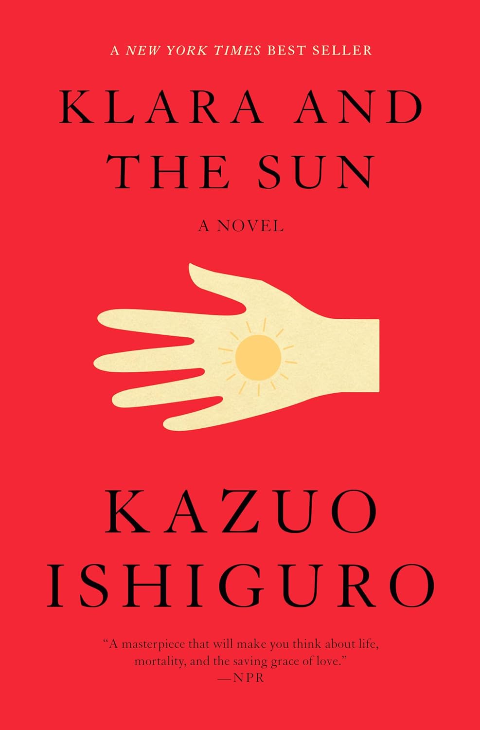 Book cover of 'Klara and the Sun' by Kazuo Ishiguro with a red background and hand holding a sun illustration. Bookish Wonderland helps readers across Bangladesh purchase quality English books online with delivery inside and outside Dhaka and a focus on premium eye-soothing cream paper.
