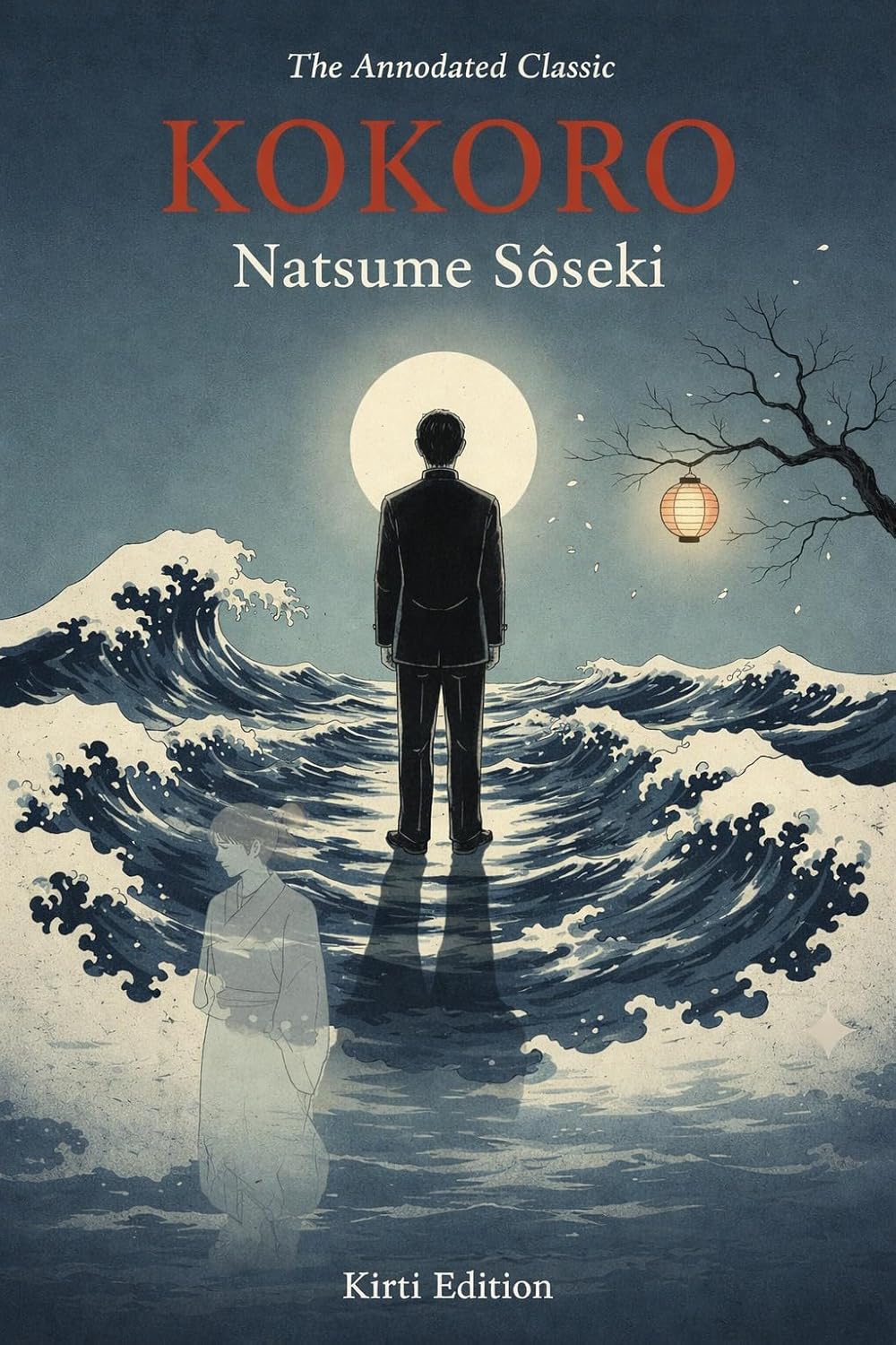 Book cover of 'Kokoro' by Natsume Soseki with a silhouette of a person standing on waves under a moonlit sky. Online shoppers across Bangladesh can purchase durable printed books at Bookish Wonderland with customer-friendly ordering and delivery and editions featuring reader-friendly cream paper.