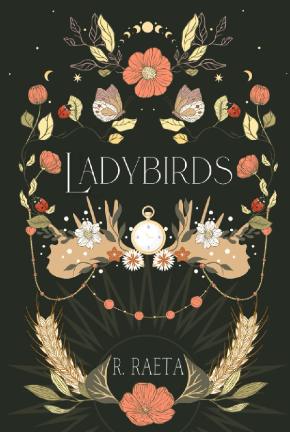 The Ladybirds book cover by R. Raeta, featuring the title in white lettering surrounded by flowers, leaves, butterflies, ladybugs, wheat, and decorative botanical elements on a dark green background. For customers across Bangladesh, Bookish Wonderland makes it easier to discover books for study and leisure through urgent delivery options in Dhaka and durable stitched-and-glue binding.