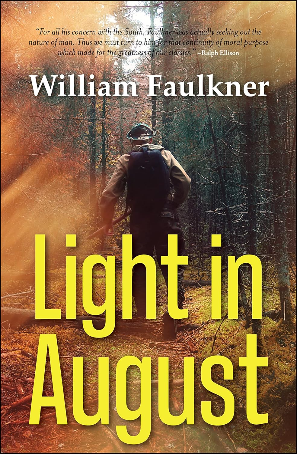 Book cover of 'Light in August' by William Faulkner with a person walking through a forest. Book buyers across Bangladesh can get English books from Bookish Wonderland, combining customer-friendly ordering and delivery with clear print with strong binding.