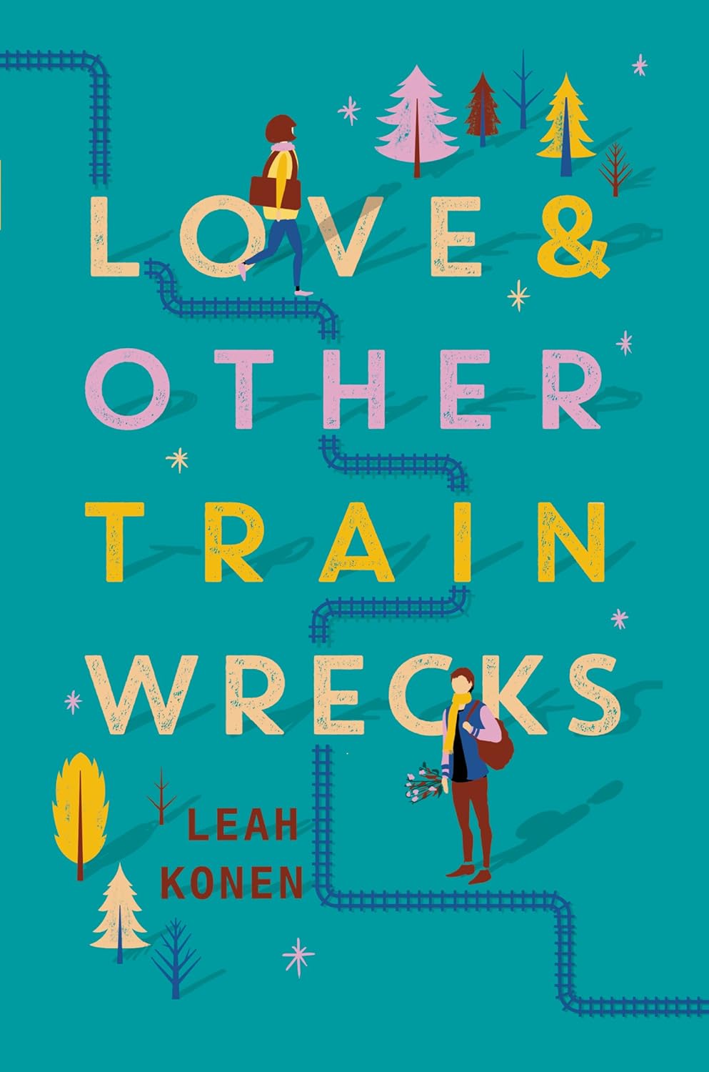 Book cover of 'Love & Other Train Wrecks' with illustrations of people and trees on a teal background. Readers across Bangladesh can buy durable printed books from Bookish Wonderland with Cash on Delivery across Bangladesh, while enjoying crystal-clear print.