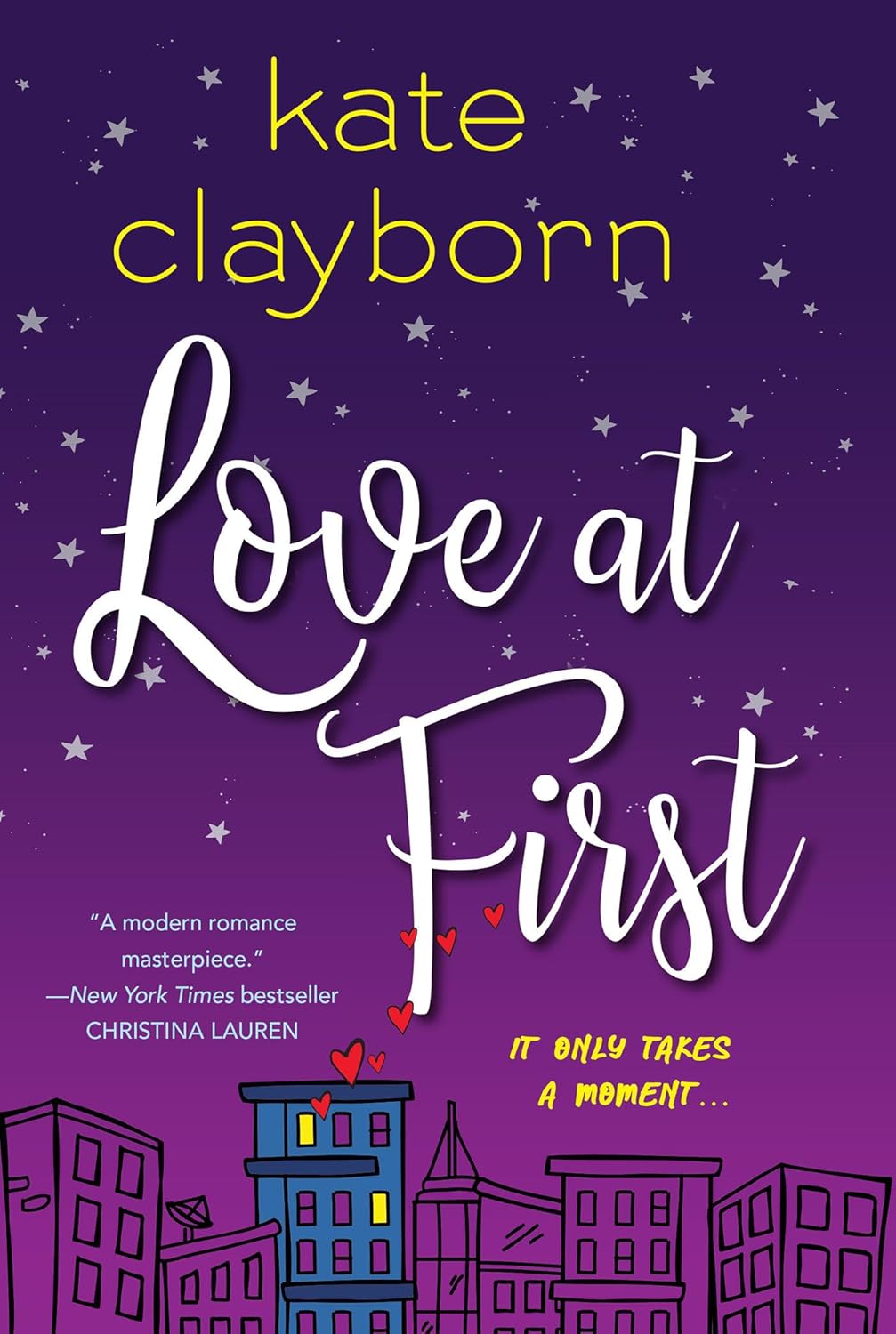 Book cover of 'Love at First' by Kate Clayborn with a purple background and cityscape illustration. Online shoppers across Bangladesh can purchase reader-friendly printed books at Bookish Wonderland with urgent delivery options in Dhaka and editions featuring comfortable cream paper and clear printing.