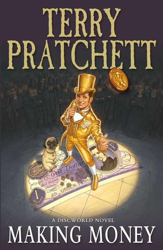 Book cover of 'Making Money' by Terry Pratchett featuring a gold-clad character and pug on a dark background. The largest online bookshop in Bangladesh.
