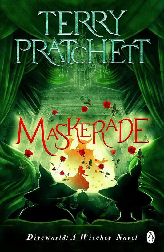 Book cover of 'Maskerade' by Terry Pratchett with a green curtain and central design. Best price in Bangladesh.
