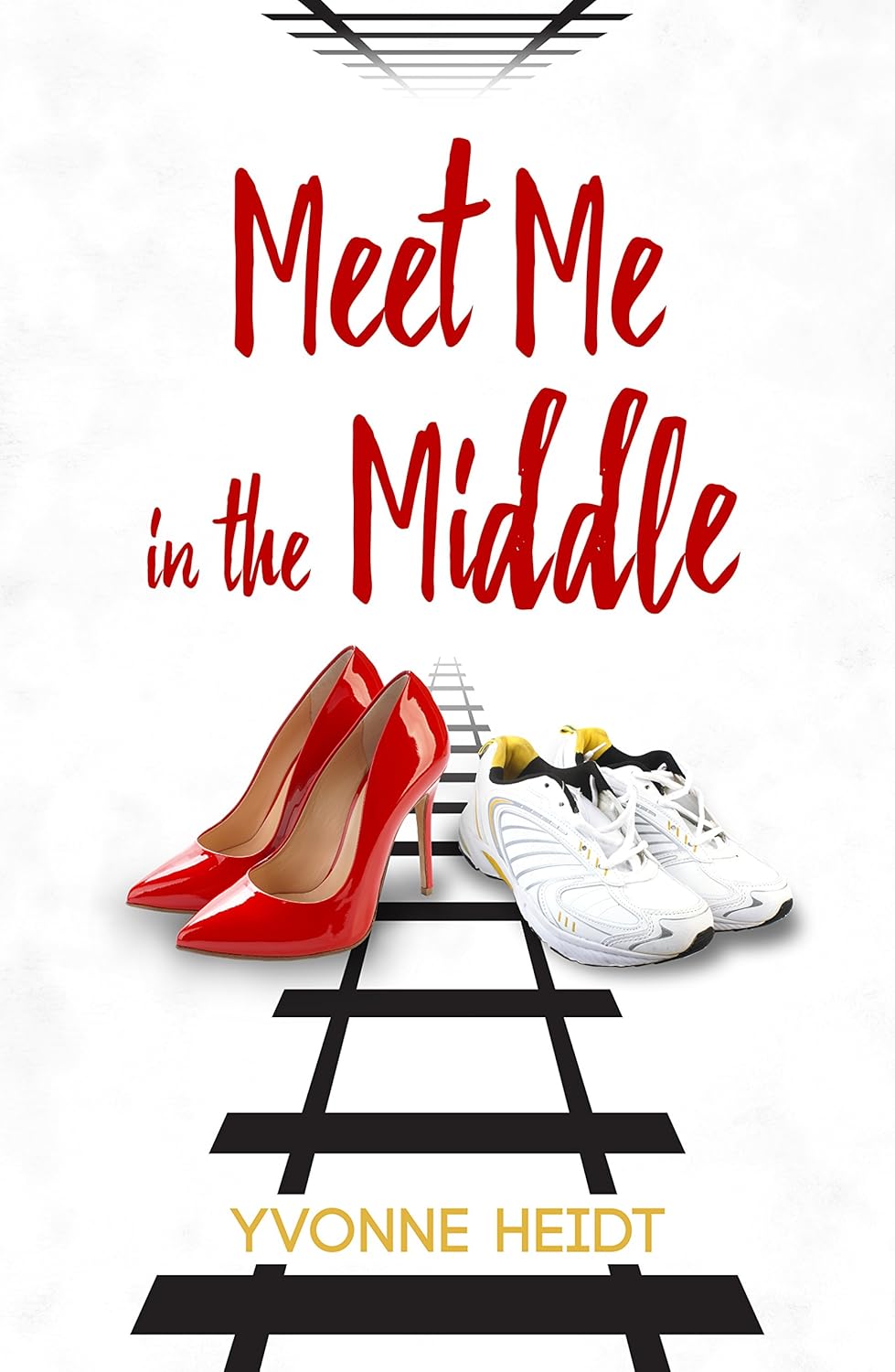 Book cover of 'Meet Me in the Middle' by Yvonne Heidt with red and white high heels on a white background. Readers across Bangladesh can buy books for study and leisure from Bookish Wonderland with customer-friendly ordering and delivery, while enjoying high-quality stitched and glue binding.