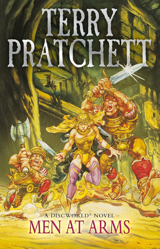 Book cover of 'Men at Arms' by Terry Pratchett featuring fantasy characters in a战斗场景. The largest online bookshop in Bangladesh.
