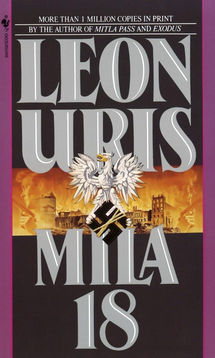 Book cover of 'Mila 18' by Leon Uris with a purple border and cityscape illustration. Online shoppers across Bangladesh can shop for quality English books at Bookish Wonderland with nationwide delivery and editions featuring comfortable cream paper and clear printing.