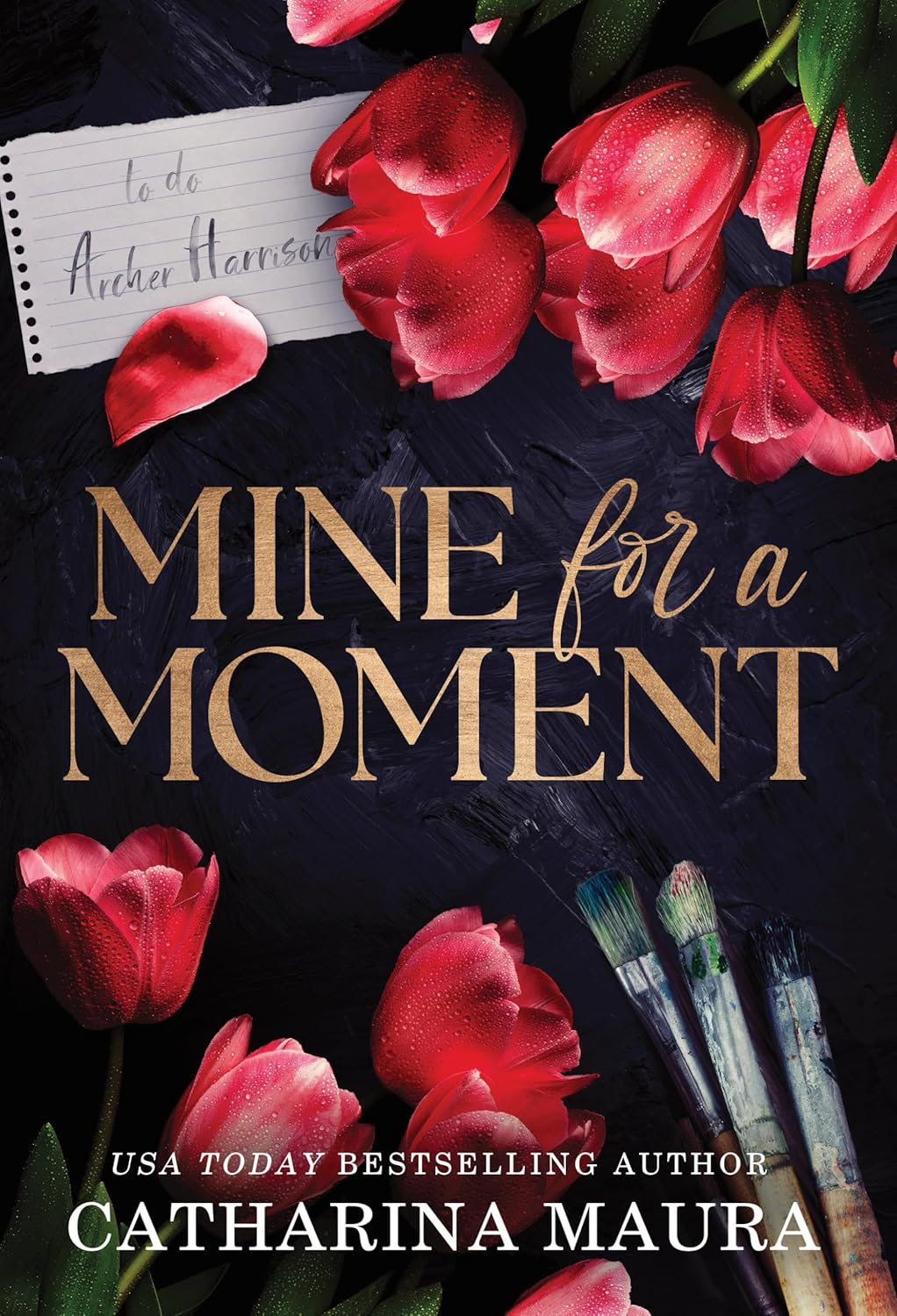 Book cover of 'Mine for a Moment' with red tulips and artist's tools on a dark background. Online shoppers across Bangladesh can get printed English books at Bookish Wonderland with customer-friendly ordering and delivery and editions featuring high-quality stitched and glue binding.