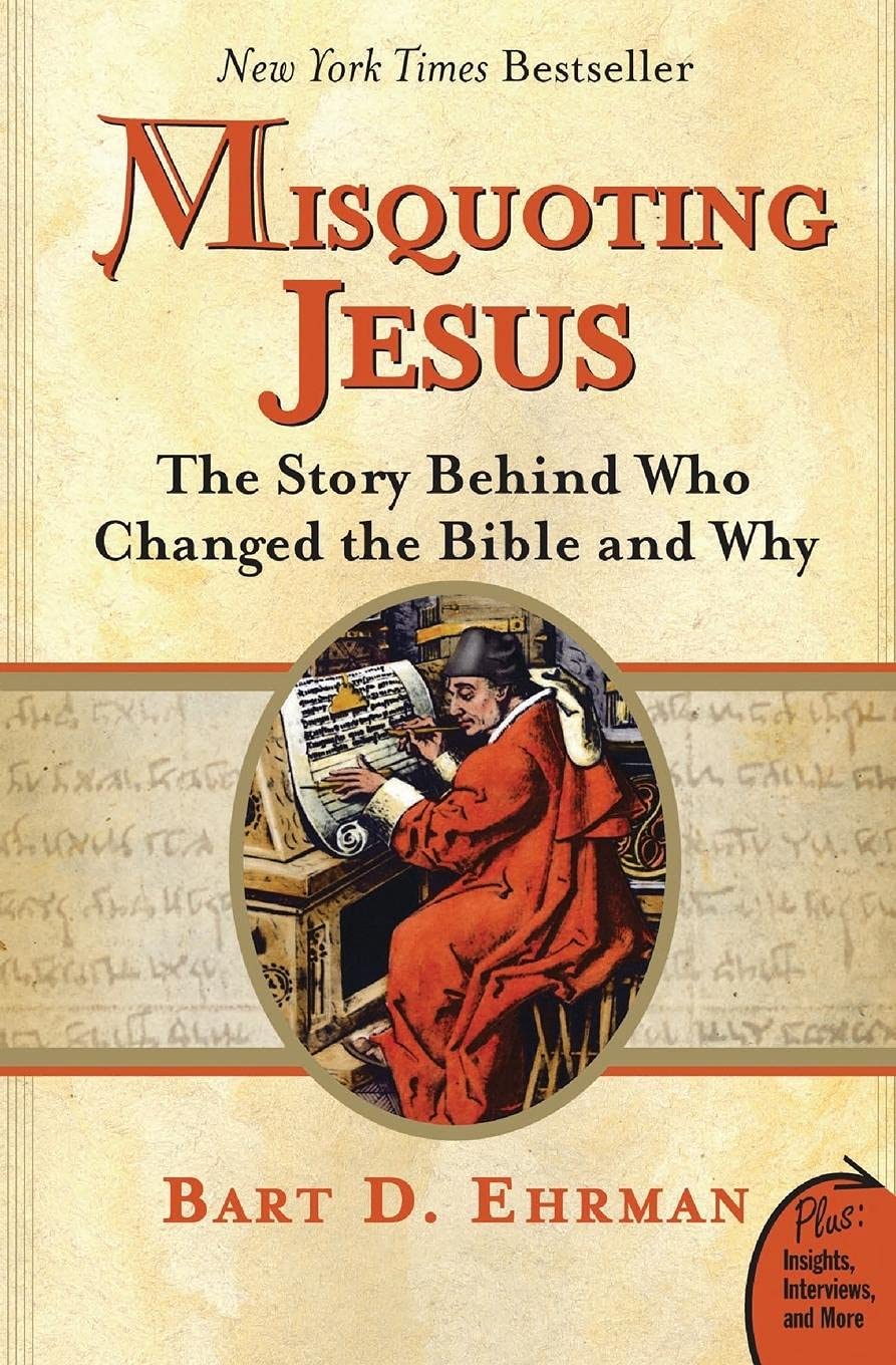 Book cover of 'Misquoting Jesus' by Bart D. Ehrman with a illustration of a man in a red robe at a desk. For customers across Bangladesh, Bookish Wonderland makes it easier to find books for everyday reading through nationwide delivery and durable stitched-and-glue binding.