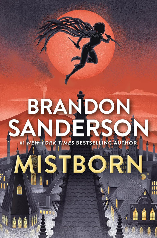 Book cover of 'Mistborn' by Brandon Sanderson with a silhouette of a person flying against a red sun. Best print from the newest bookshop in Bangladesh.
