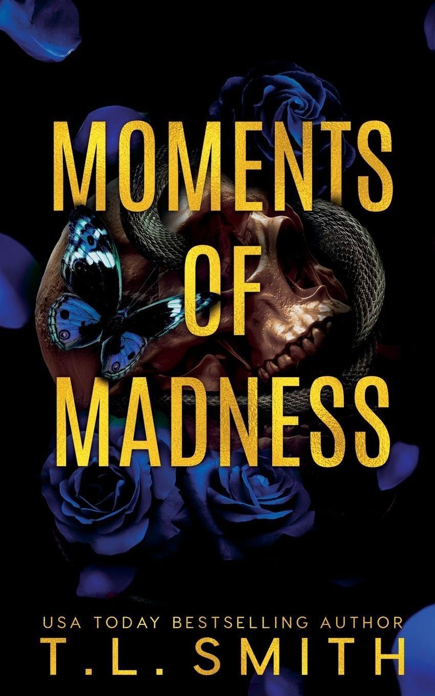 Book cover of 'Moments of Madness' with a dark background, blue roses, and a butterfly. Customers seeking quality English books throughout Bangladesh can order them through Bookish Wonderland, supported by Cash on Delivery across Bangladesh and clear print with strong binding.