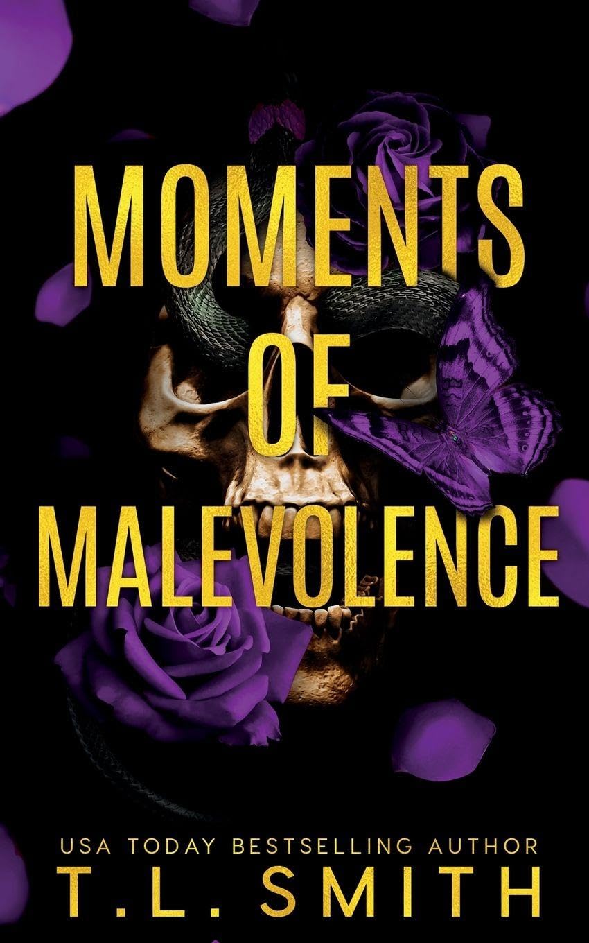 Book cover of 'Moments of Malevolence' with a skull and purple roses on a black background. Customers seeking quality English books across Bangladesh can purchase them through Bookish Wonderland, supported by convenient delivery across Bangladesh and reader-friendly cream paper.